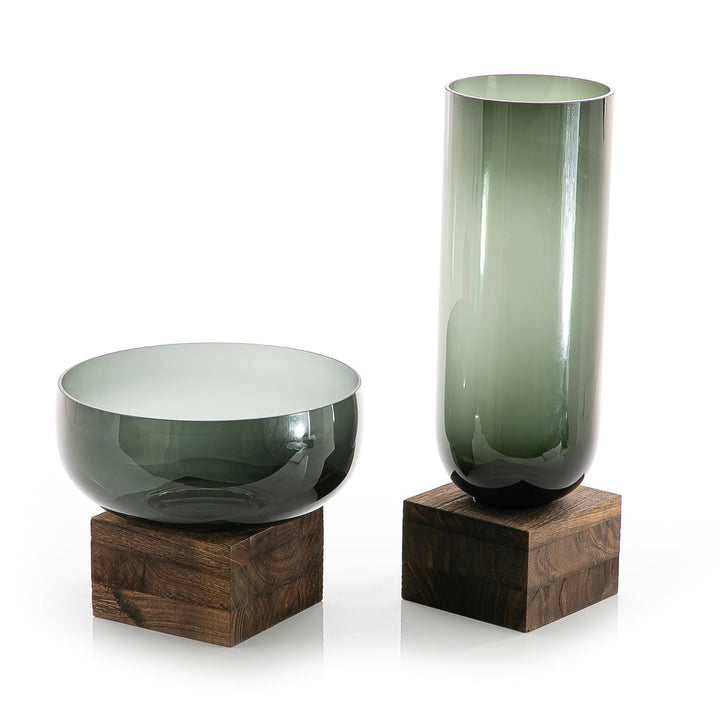 Set of 2 Glass Bowel With Wood Base (5981833363621) (7090535858371)