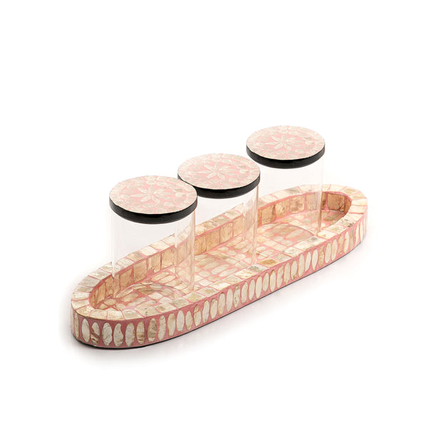 Set of mother of pearl glass jars with tray (7119719891139)