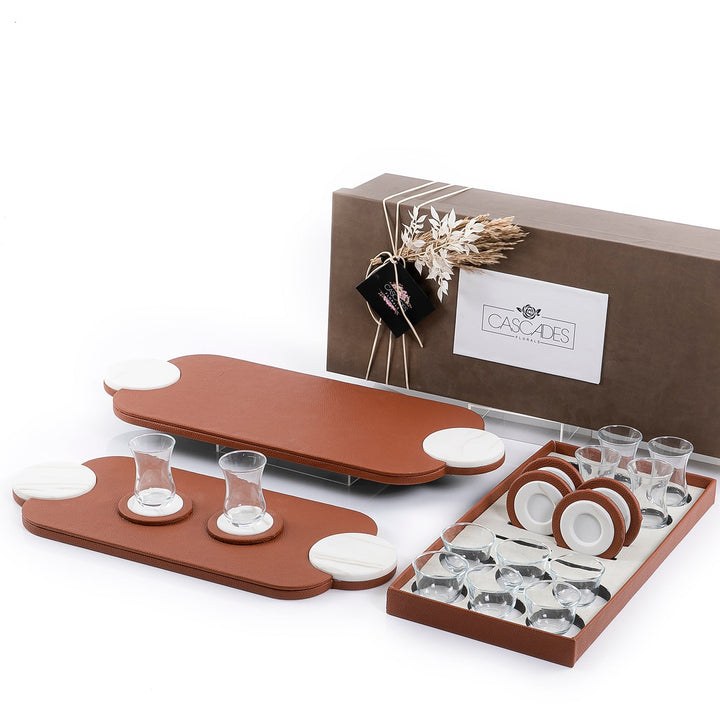 Set of 2 leather trays with cups and coaster with gift box (7553317175491)