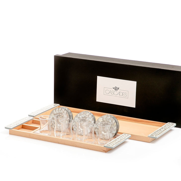 Set of 2 wooden trays with M.O.P coasters and glasses (7139971891395)